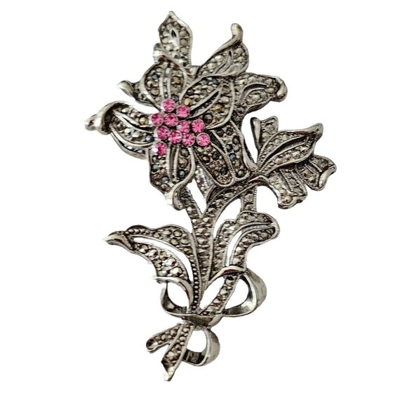 1928 Brand Silver Tone Pink Rhinestone, Marcasite Flower Trembler Brooch L268 - Picture 1 of 11